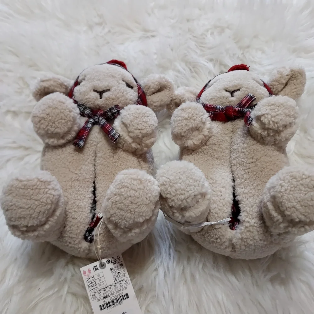 Zara Sheep Plush House Slippers in Cream with Red Plaid Accents